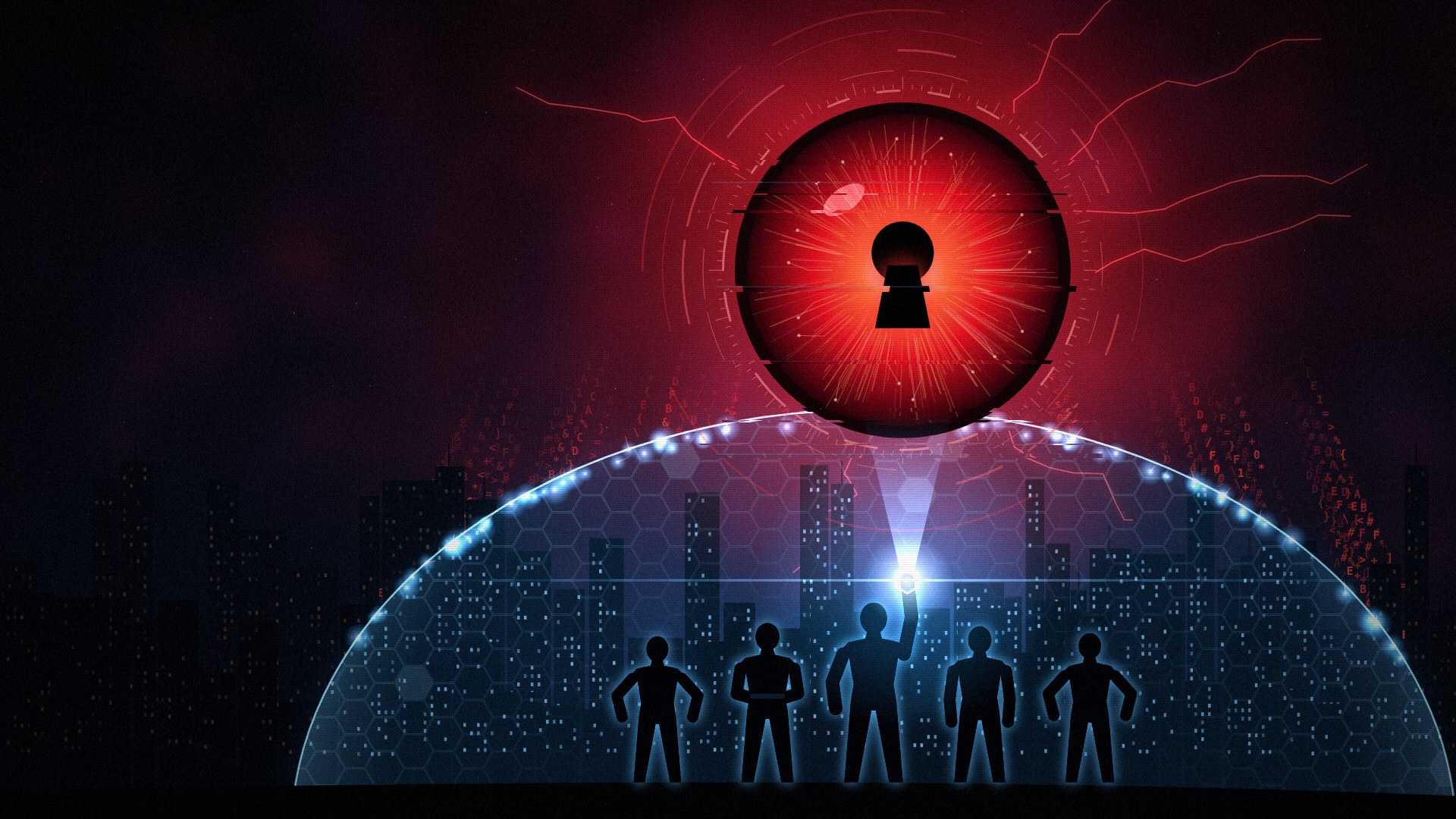 A red AI eye with a keyhole pupil looms over a city while five silhouetted heroes hold up a glowing blue shield dome